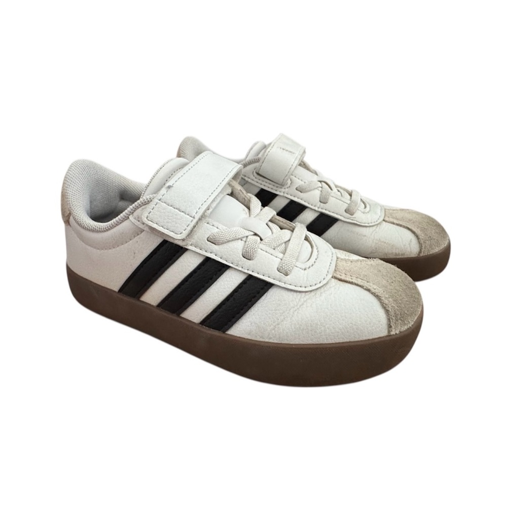 adidas Kids White Sneakers with Black Stripes and Brown Sole